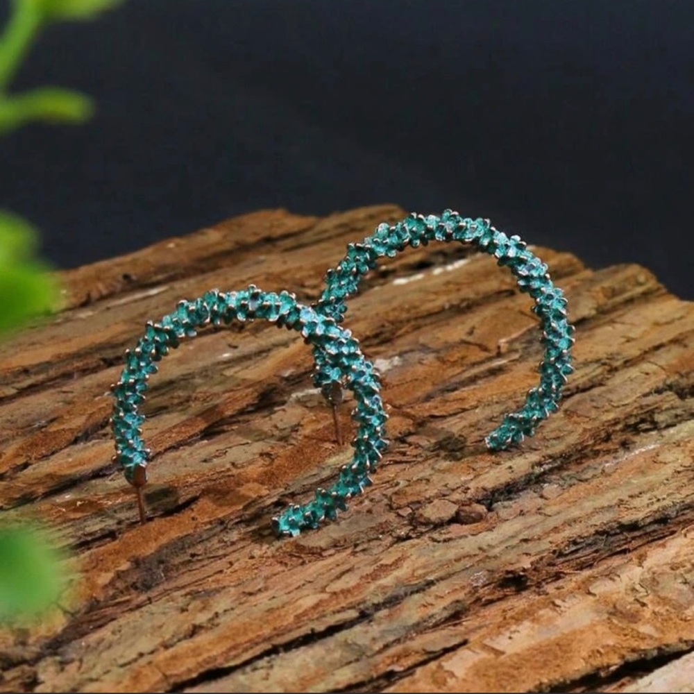 Boho Textured Turquoise Hoops - Picture 3 of 4